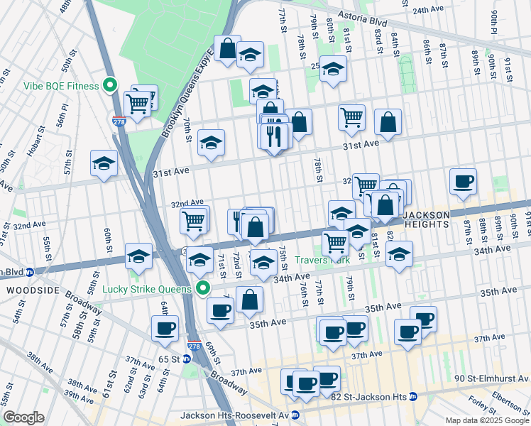 map of restaurants, bars, coffee shops, grocery stores, and more near 32-11 74th Street in Queens