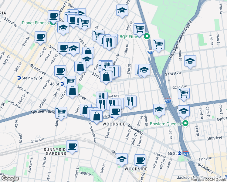 map of restaurants, bars, coffee shops, grocery stores, and more near 31-18 55th Street in Queens