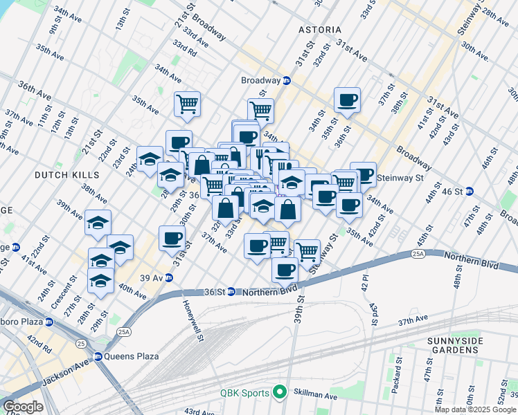 map of restaurants, bars, coffee shops, grocery stores, and more near 35-31 33rd Street in Queens