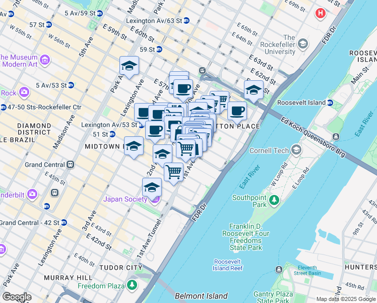 map of restaurants, bars, coffee shops, grocery stores, and more near 966 1st Avenue in New York