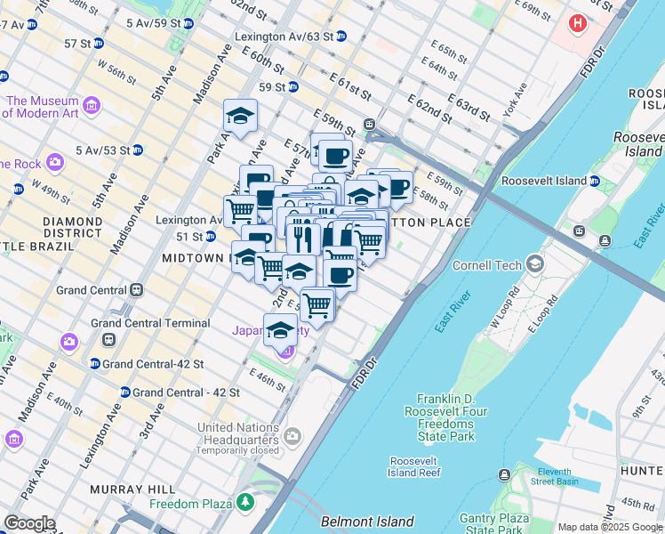 map of restaurants, bars, coffee shops, grocery stores, and more near 313 East 53rd Street in New York