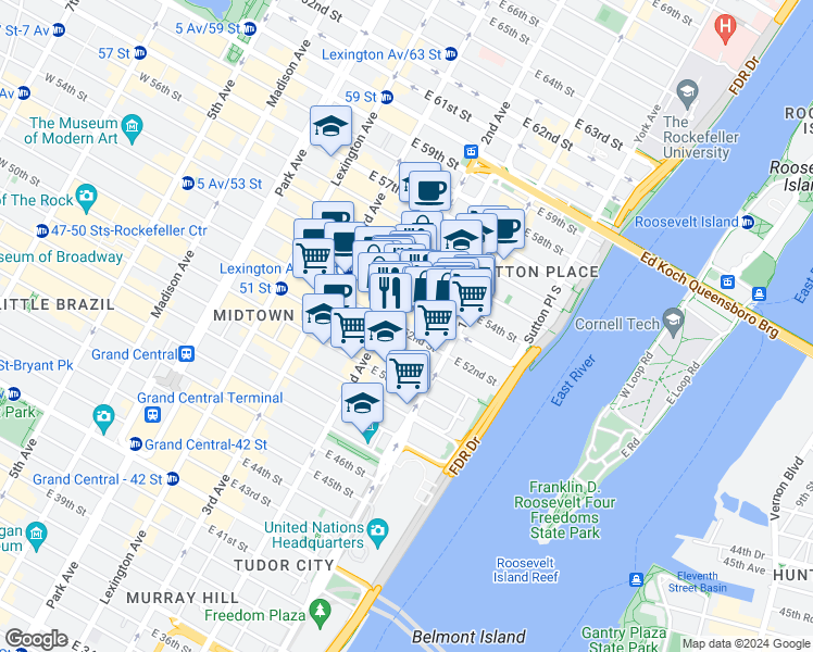 map of restaurants, bars, coffee shops, grocery stores, and more near 313 East 53rd Street in New York