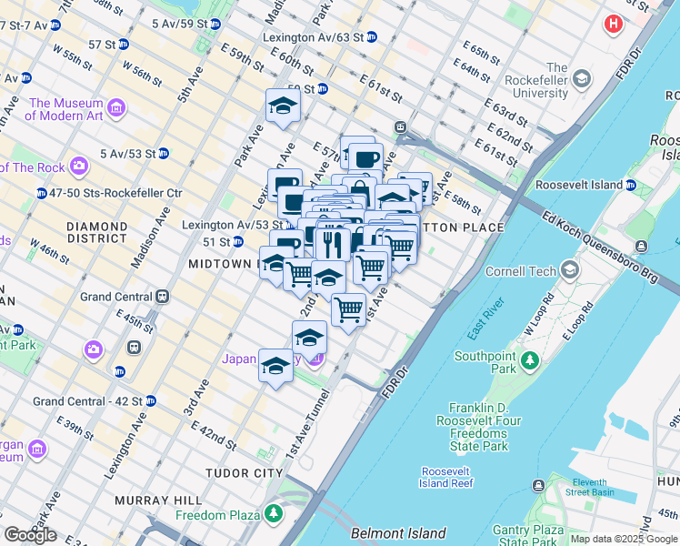 map of restaurants, bars, coffee shops, grocery stores, and more near 313 East 53rd Street in New York
