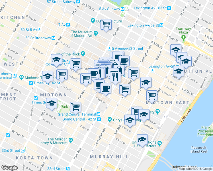 map of restaurants, bars, coffee shops, grocery stores, and more near in New York