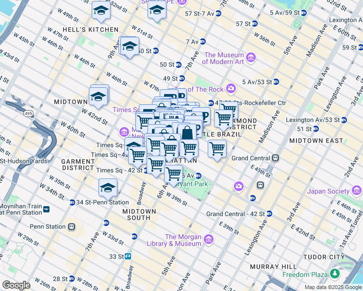 map of restaurants, bars, coffee shops, grocery stores, and more near 130 West 44th Street in New York