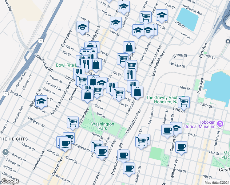 map of restaurants, bars, coffee shops, grocery stores, and more near 613 Bergenline Avenue in Union City