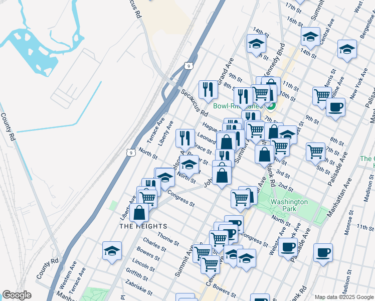 map of restaurants, bars, coffee shops, grocery stores, and more near 131 Nelson Avenue in Jersey City
