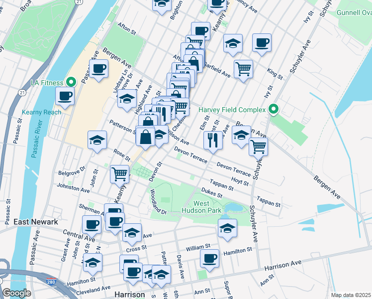map of restaurants, bars, coffee shops, grocery stores, and more near 149 Wilson Avenue in Kearny
