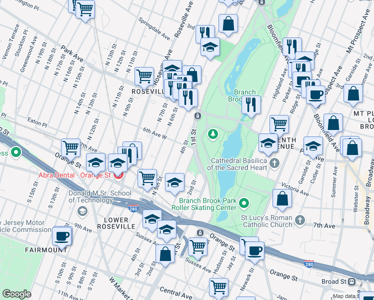 map of restaurants, bars, coffee shops, grocery stores, and more near 316-348 1st Street in Newark