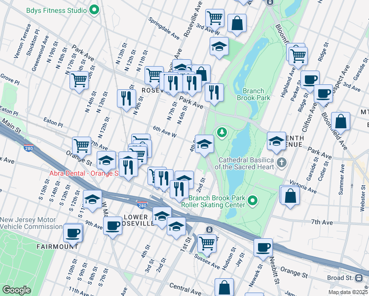 map of restaurants, bars, coffee shops, grocery stores, and more near 229 6th Avenue West in Newark
