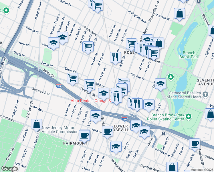 map of restaurants, bars, coffee shops, grocery stores, and more near 45-47 North 11th Street in Newark