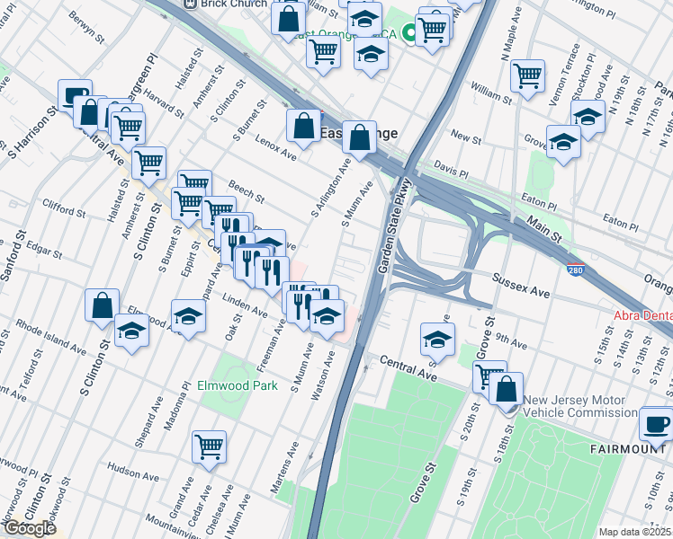 map of restaurants, bars, coffee shops, grocery stores, and more near 55-57 South Munn Avenue in East Orange