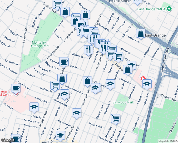 map of restaurants, bars, coffee shops, grocery stores, and more near 259 Amherst Street in East Orange