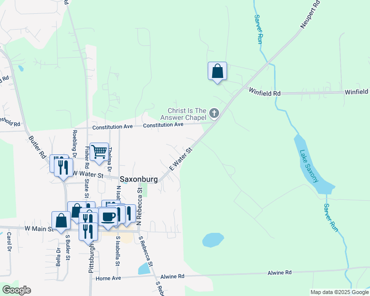 map of restaurants, bars, coffee shops, grocery stores, and more near 108 Harvey Lane in Saxonburg