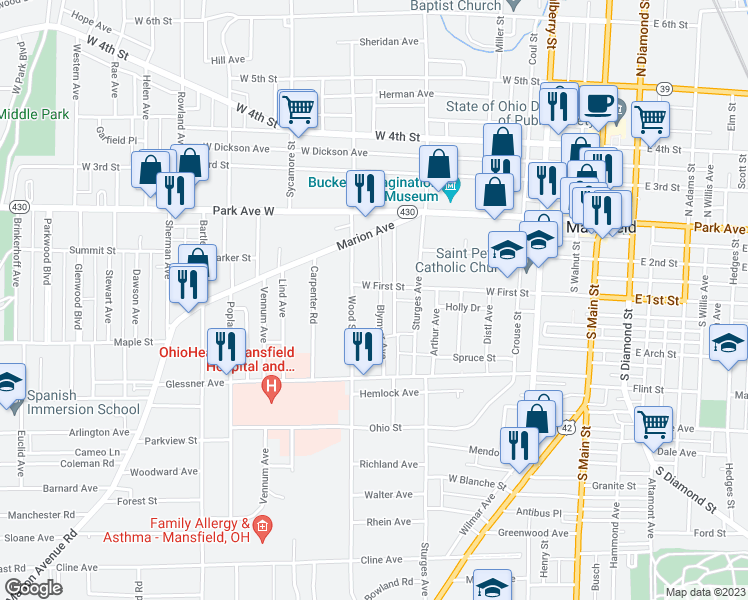 map of restaurants, bars, coffee shops, grocery stores, and more near 267 West First Street in Mansfield