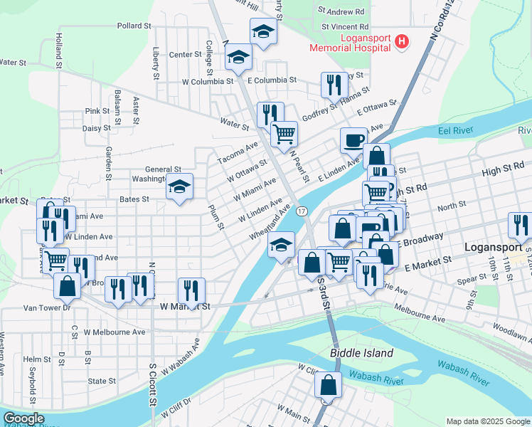 map of restaurants, bars, coffee shops, grocery stores, and more near 701-749 Vandalia Street in Logansport