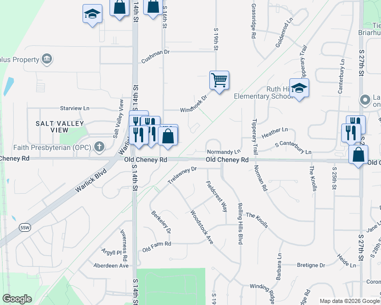 map of restaurants, bars, coffee shops, grocery stores, and more near 1633 Normandy Court in Lincoln