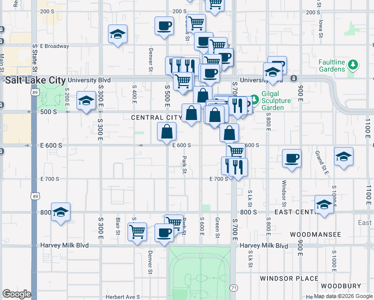 map of restaurants, bars, coffee shops, grocery stores, and more near 607 Park Street East in Salt Lake City