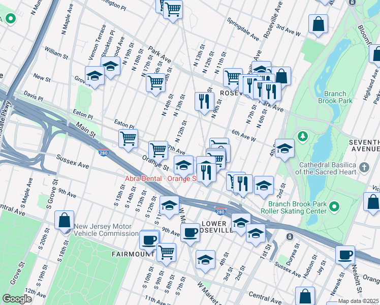 map of restaurants, bars, coffee shops, grocery stores, and more near 45-47 North 11th Street in Newark