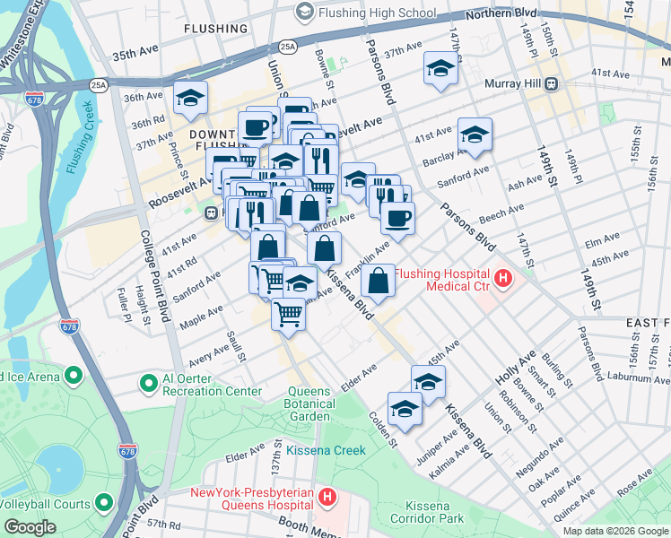 map of restaurants, bars, coffee shops, grocery stores, and more near 42-65 Kissena Boulevard in Queens