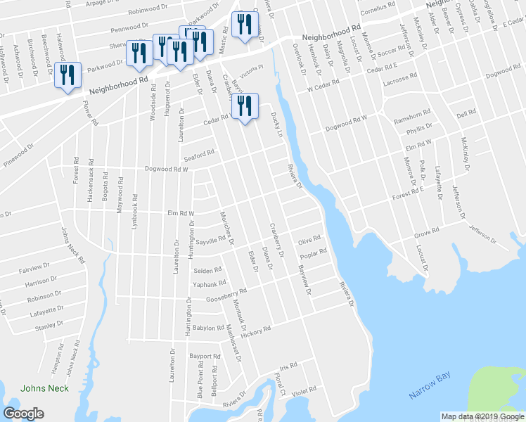 map of restaurants, bars, coffee shops, grocery stores, and more near 124 Cranberry Drive in Mastic Beach