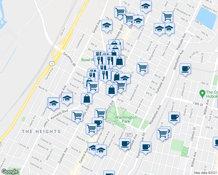 map of restaurants, bars, coffee shops, grocery stores, and more near 2 Hague Street in Jersey City