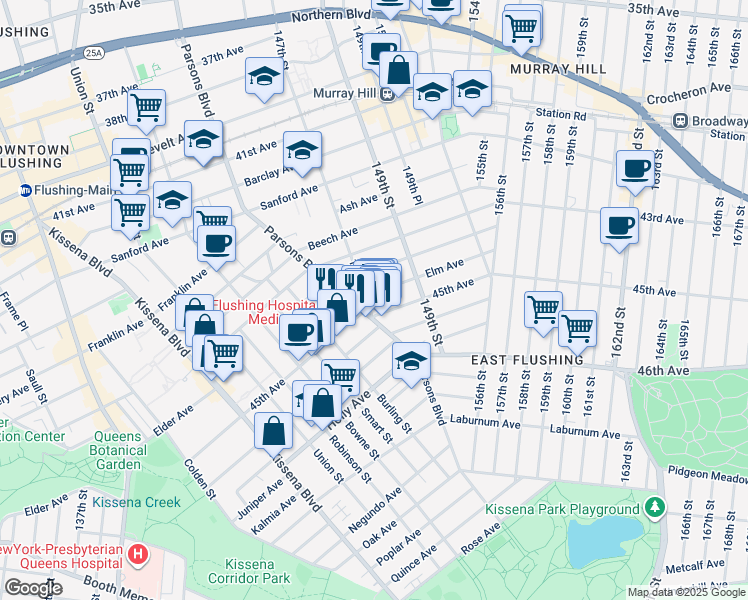 map of restaurants, bars, coffee shops, grocery stores, and more near 147-15 Elm Avenue in Queens