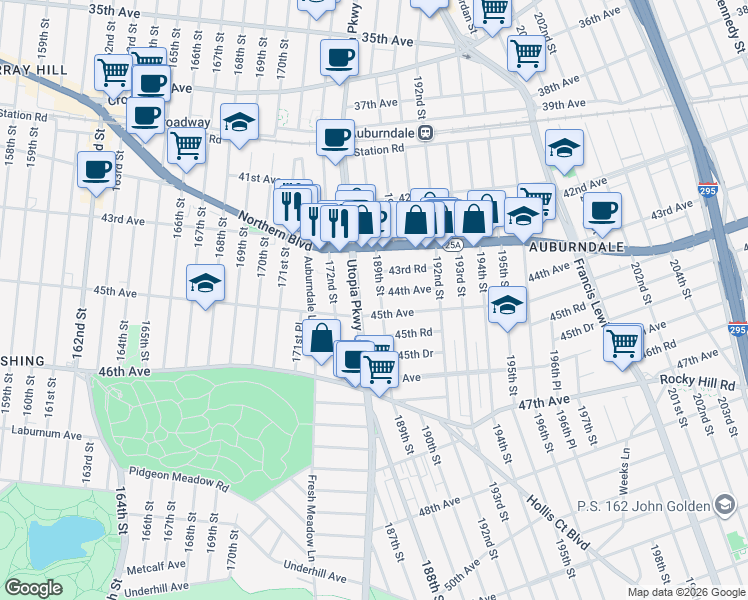 map of restaurants, bars, coffee shops, grocery stores, and more near 43-45 Utopia Parkway in Queens