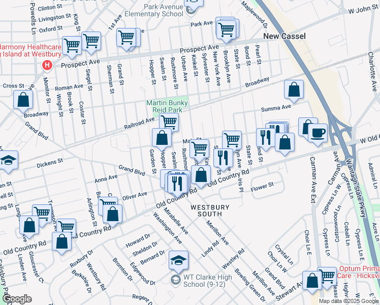 map of restaurants, bars, coffee shops, grocery stores, and more near 80 Urban Avenue in Westbury