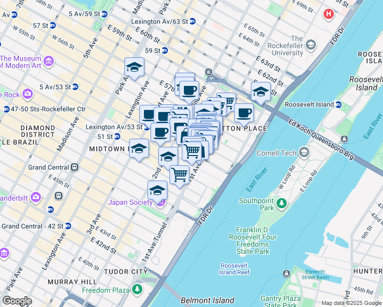 map of restaurants, bars, coffee shops, grocery stores, and more near 348 East 54th Street in New York