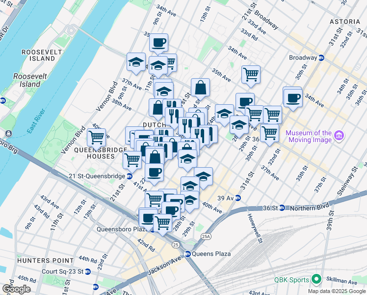 map of restaurants, bars, coffee shops, grocery stores, and more near in Queens