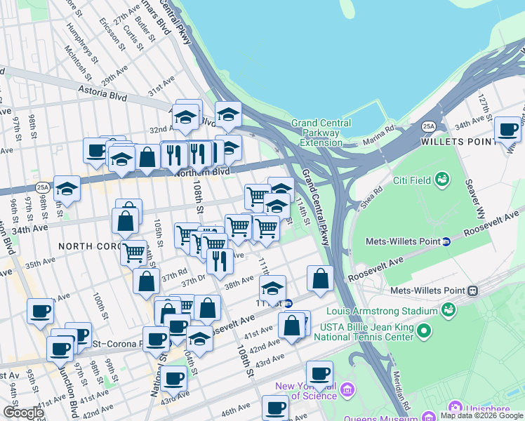 map of restaurants, bars, coffee shops, grocery stores, and more near 34-26 112th Street in Queens