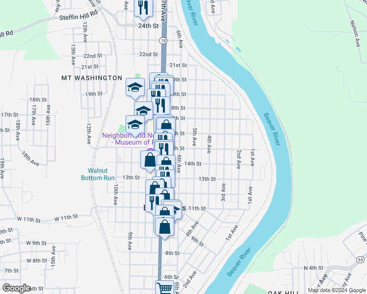 map of restaurants, bars, coffee shops, grocery stores, and more near 524 15th Street in Beaver Falls