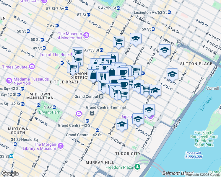 map of restaurants, bars, coffee shops, grocery stores, and more near 299 Park Avenue in New York