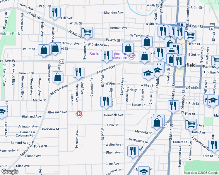 map of restaurants, bars, coffee shops, grocery stores, and more near 100 Blymyer Avenue in Mansfield