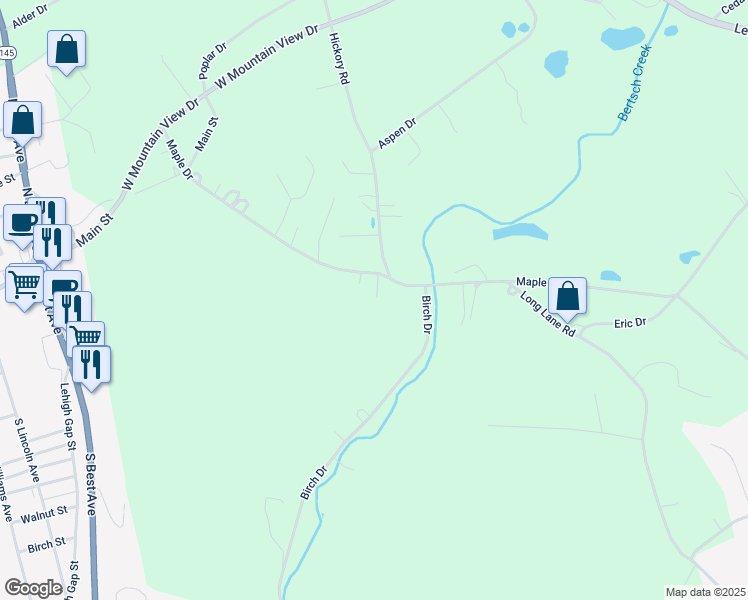 map of restaurants, bars, coffee shops, grocery stores, and more near 4741 Maple Drive in Walnutport