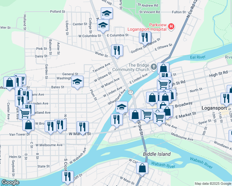 map of restaurants, bars, coffee shops, grocery stores, and more near 701-749 Vandalia Street in Logansport