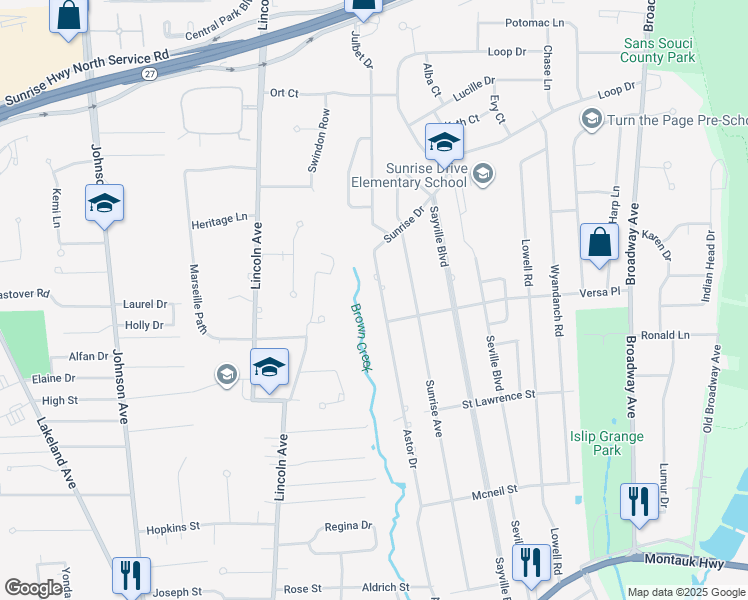 map of restaurants, bars, coffee shops, grocery stores, and more near 424 Astor Drive in Sayville