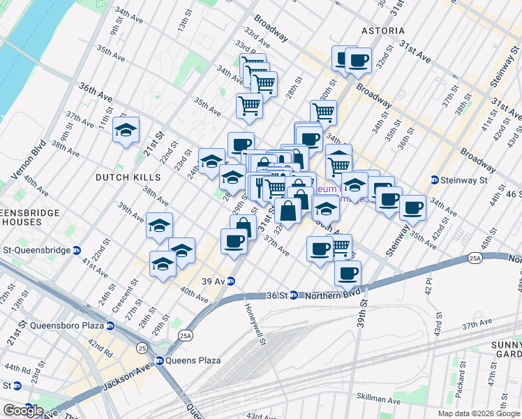 map of restaurants, bars, coffee shops, grocery stores, and more near in Queens