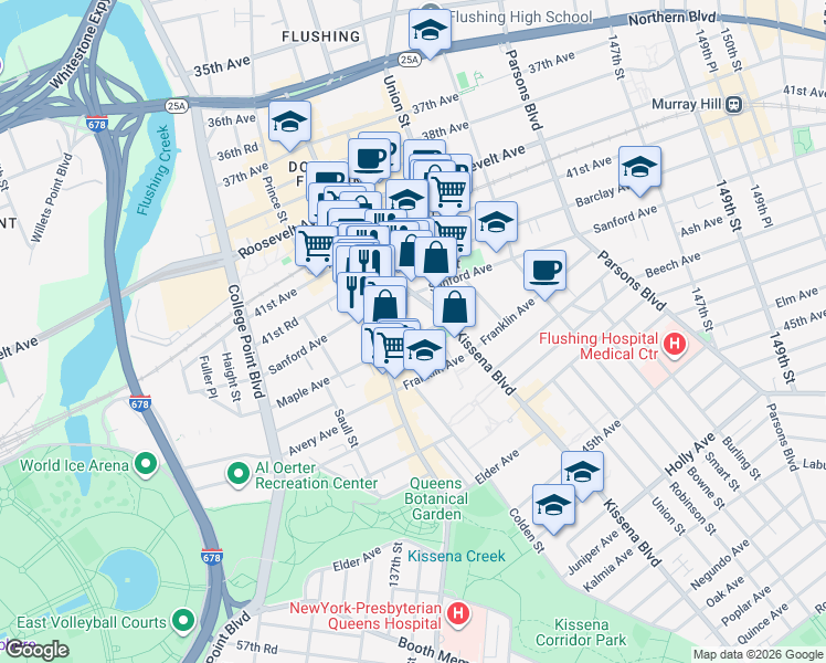 map of restaurants, bars, coffee shops, grocery stores, and more near 42-6 Kissena Boulevard in Queens