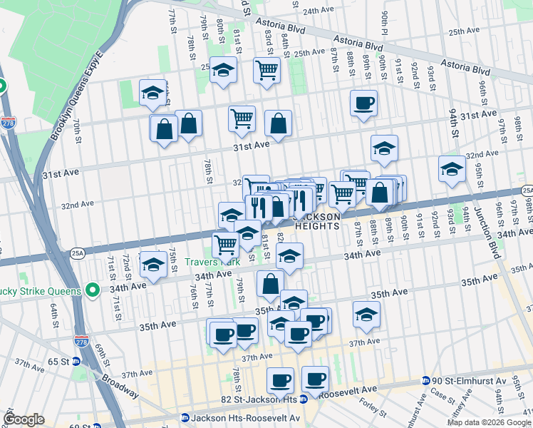 map of restaurants, bars, coffee shops, grocery stores, and more near 32-41 82nd Street in Queens