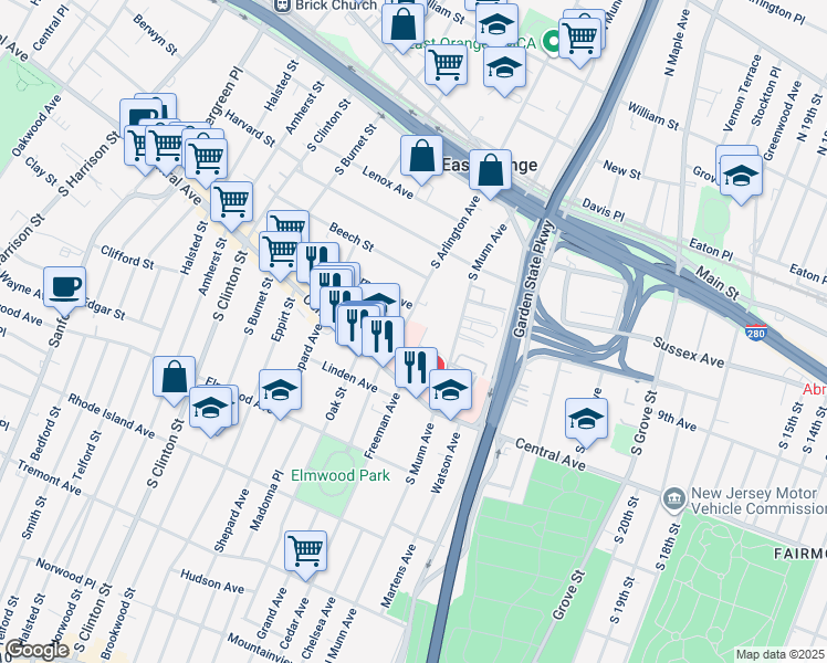 map of restaurants, bars, coffee shops, grocery stores, and more near 138 South Arlington Avenue in East Orange