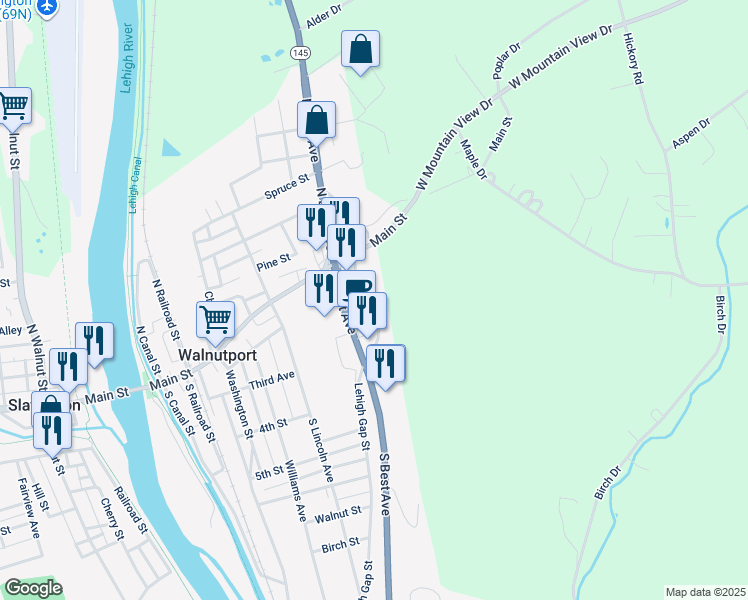 map of restaurants, bars, coffee shops, grocery stores, and more near Lehigh Gap Street in Walnutport