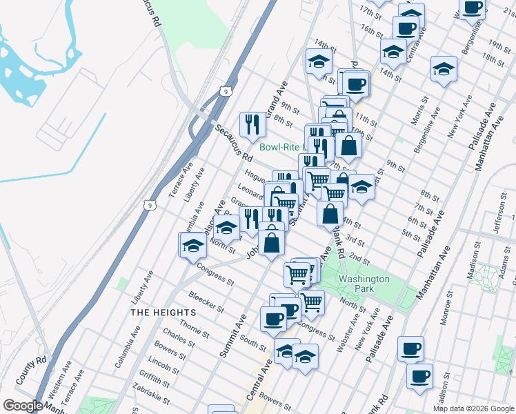 map of restaurants, bars, coffee shops, grocery stores, and more near 96 Leonard Street in Jersey City