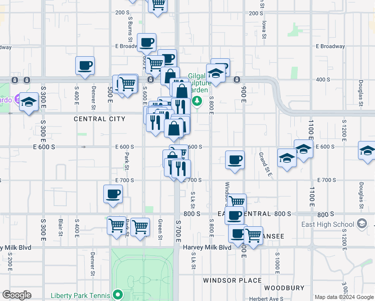 map of restaurants, bars, coffee shops, grocery stores, and more near 717 East 600 South in Salt Lake City