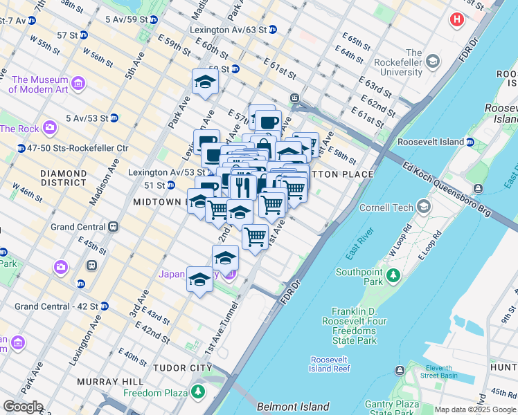 map of restaurants, bars, coffee shops, grocery stores, and more near 326 East 53rd Street in New York