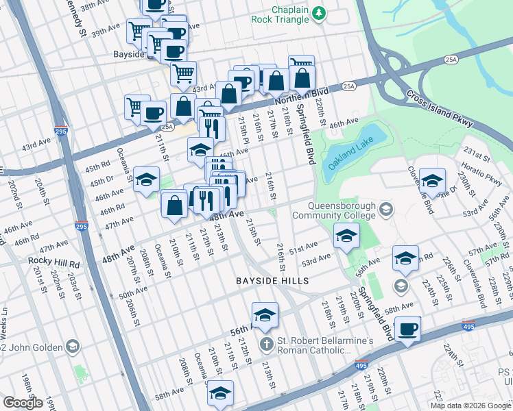 map of restaurants, bars, coffee shops, grocery stores, and more near 215-19 48th Avenue in Queens