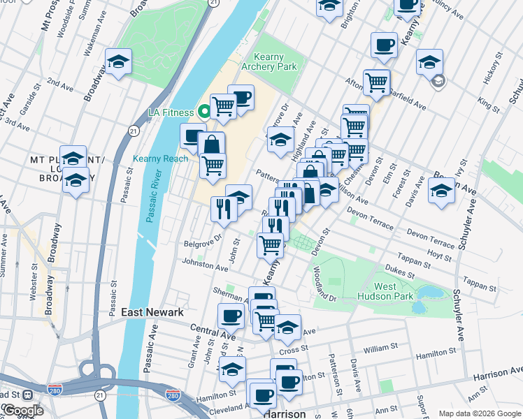 map of restaurants, bars, coffee shops, grocery stores, and more near 101 Highland Avenue in Kearny