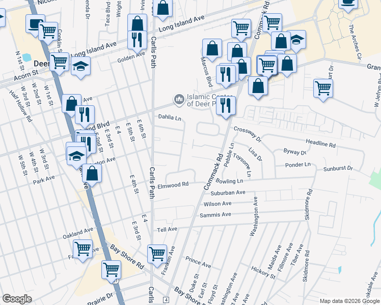 map of restaurants, bars, coffee shops, grocery stores, and more near 33613 Commack Road in Deer Park
