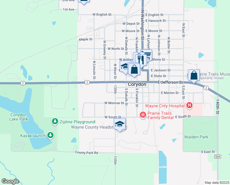 map of restaurants, bars, coffee shops, grocery stores, and more near 401 West Marion Street in Corydon